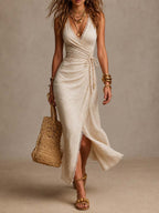 Isabella | Abito Maxi a Portafoglio in Misto Lino con Pizzo, Beige