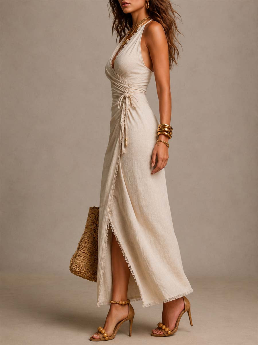 Isabella | Abito Maxi a Portafoglio in Misto Lino con Pizzo, Beige