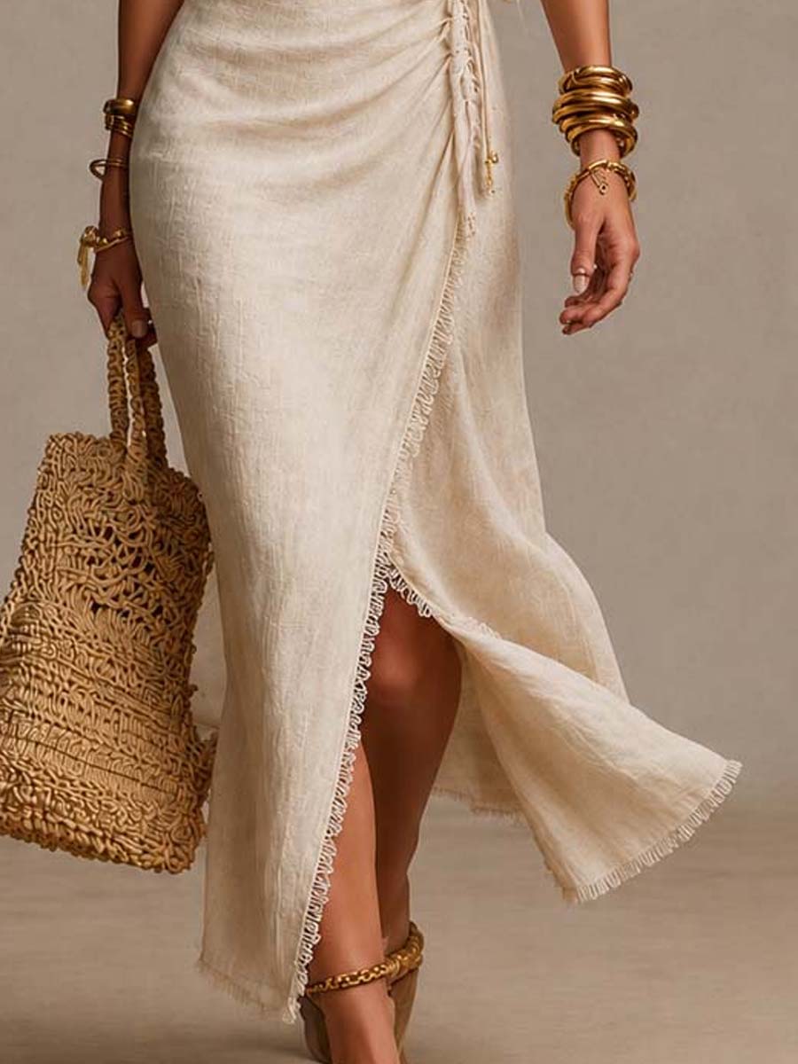 Isabella | Abito Maxi a Portafoglio in Misto Lino con Pizzo, Beige