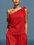 Set Due Pezzi Rosso da Donna: Top Asimmetrico a Spalla Scoperta (Senza Sciarpa) & Pantaloni a Gamba Larga con Tasche MDZ2201D4T