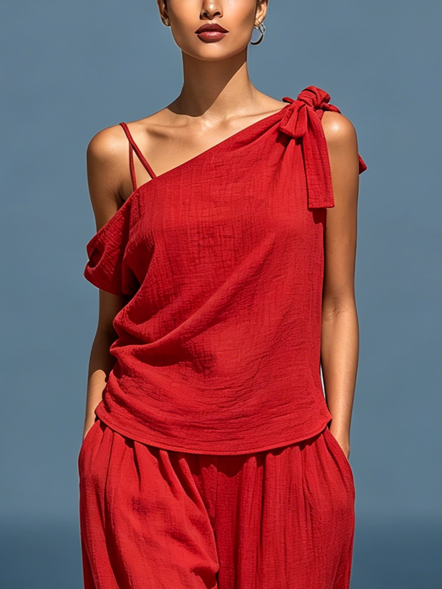Set Due Pezzi Rosso da Donna: Top Asimmetrico a Spalla Scoperta (Senza Sciarpa) & Pantaloni a Gamba Larga con Tasche MDZ2201D4T