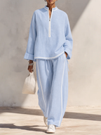 Set Top Oversized e Pantaloni a Gamba Larga in Lino Blu Chiaro da Donna MDZ1594G5ZRK