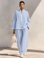 Set Top Oversized e Pantaloni a Gamba Larga in Lino Blu Chiaro da Donna MDZ1594G5ZRK