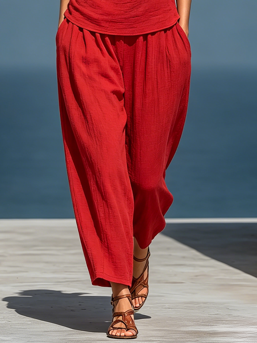 Set Due Pezzi Rosso da Donna: Top Asimmetrico a Spalla Scoperta (Senza Sciarpa) & Pantaloni a Gamba Larga con Tasche MDZ2201D4T