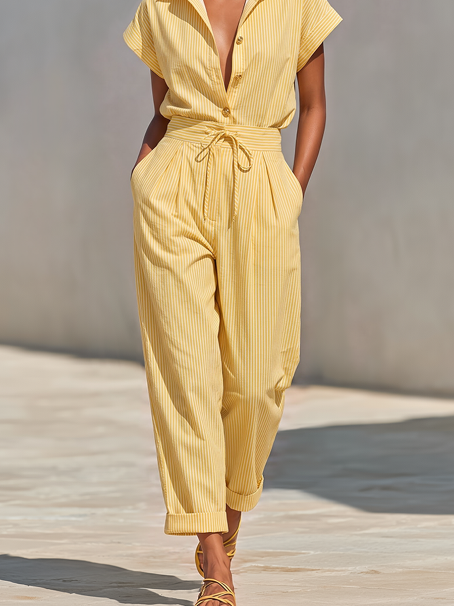 Co-Ord Donna a Righe Verticali Texturizzate Giallo Limone con Blusa a Bottone Frontale e Pantaloni Tapered con Tasche Laterali, Outfit Casual da Spiaggia Elegante MDZ2203F4LYL