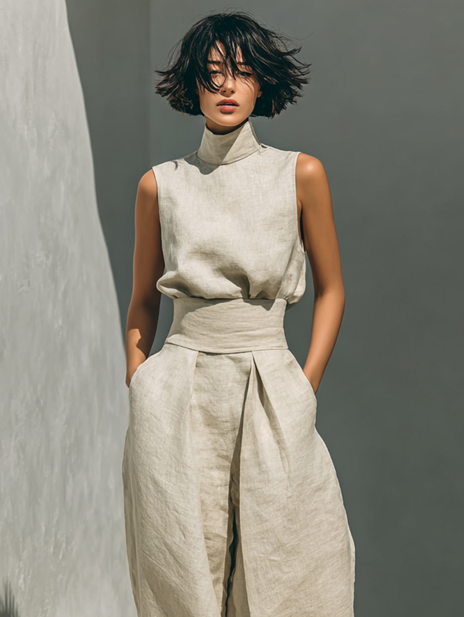 Set di Blusa Senza Maniche e Pantaloni a Gamba Larga in Cotone e Lino Minimalista da Donna MDZ0873A5Y
