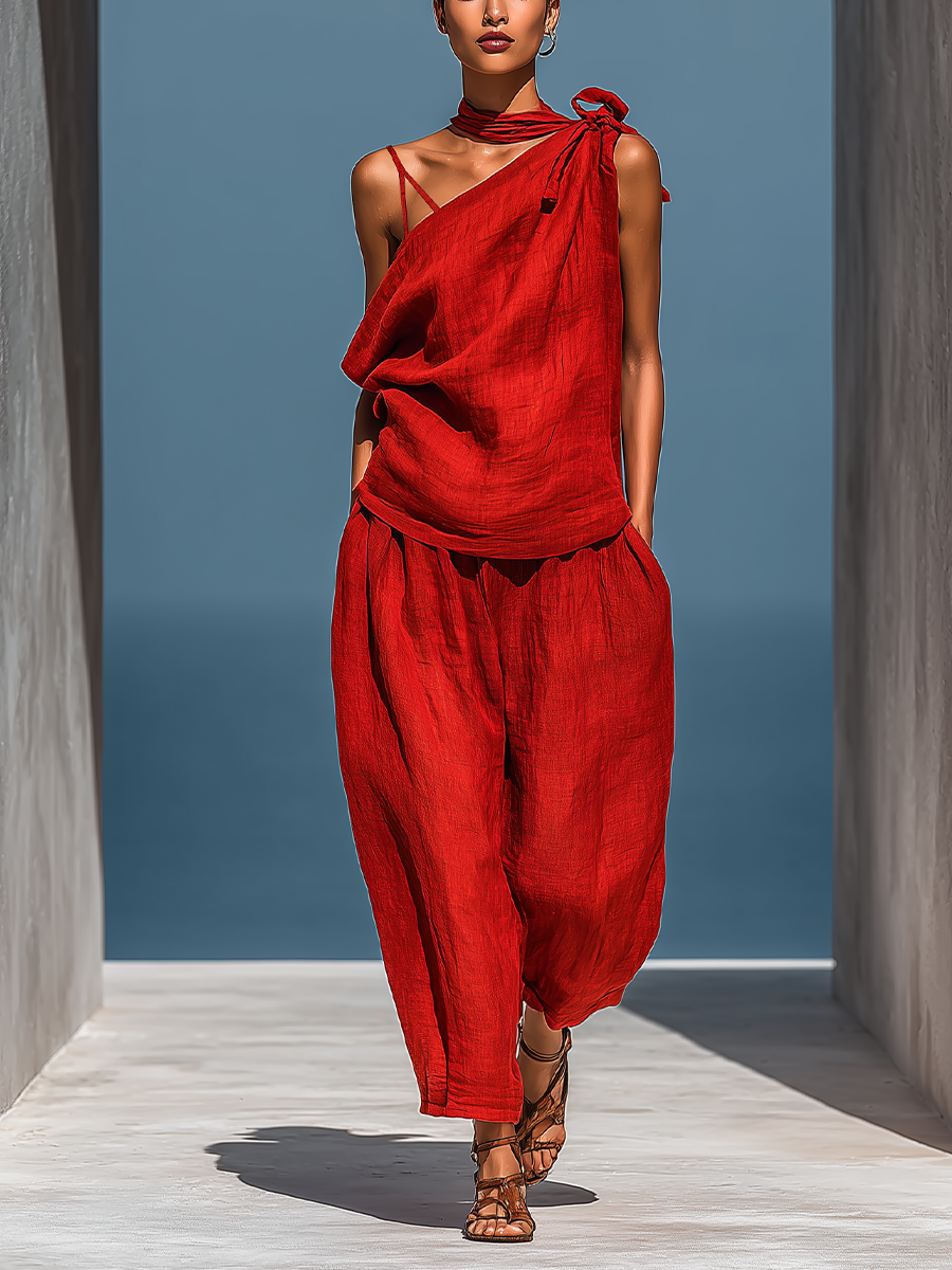 Set Due Pezzi Rosso da Donna: Top Asimmetrico a Spalla Scoperta (Senza Sciarpa) & Pantaloni a Gamba Larga con Tasche MDZ2201D4T
