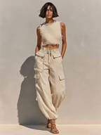 Set Due Pezzi in Lino Beige da Donna con Top Corto Frangiato e Joggers Cargo, Outfit Estivo Casual Senza Tempo MDZ2979E8LYL