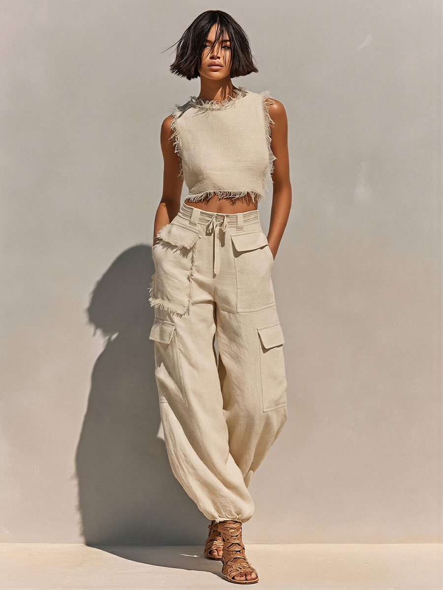 Set Due Pezzi in Lino Beige da Donna con Top Corto Frangiato e Joggers Cargo, Outfit Estivo Casual Senza Tempo MDZ2979E8LYL