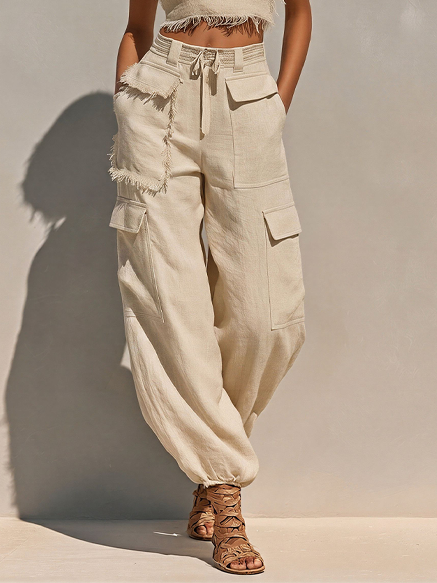 Set Due Pezzi in Lino Beige da Donna con Top Corto Frangiato e Joggers Cargo, Outfit Estivo Casual Senza Tempo MDZ2979E8LYL
