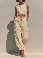 Set Due Pezzi in Lino Beige da Donna con Top Corto Frangiato e Joggers Cargo, Outfit Estivo Casual Senza Tempo MDZ2979E8LYL
