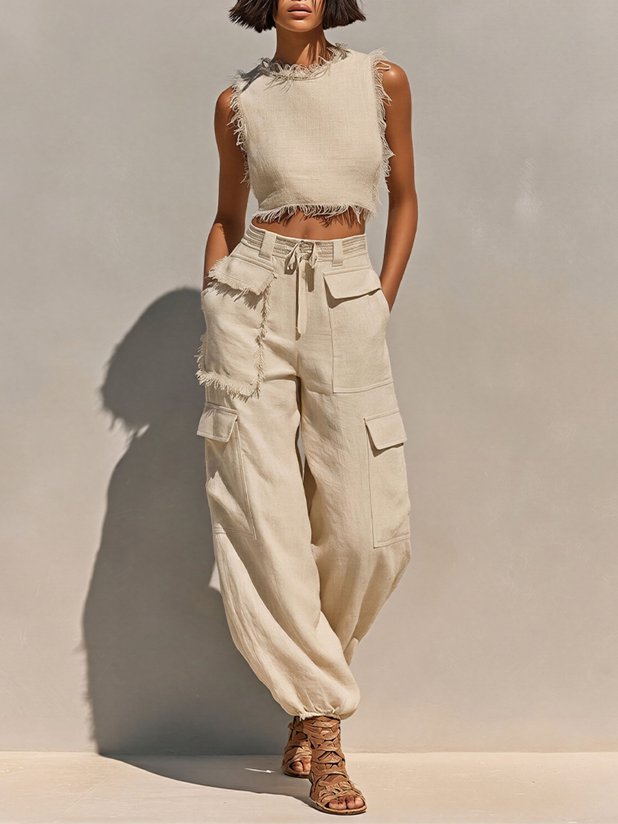 Set Due Pezzi in Lino Beige da Donna con Top Corto Frangiato e Joggers Cargo, Outfit Estivo Casual Senza Tempo MDZ2979E8LYL