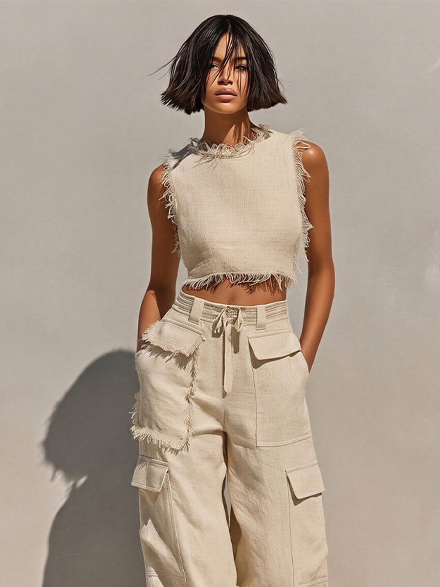 Set Due Pezzi in Lino Beige da Donna con Top Corto Frangiato e Joggers Cargo, Outfit Estivo Casual Senza Tempo MDZ2979E8LYL