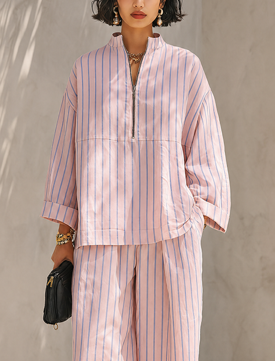 Set Top a Maniche Lunghe Minimalista con Mezzo Zip e Pantaloni a Gamba Larga da Donna MDZ0962G3ZRK