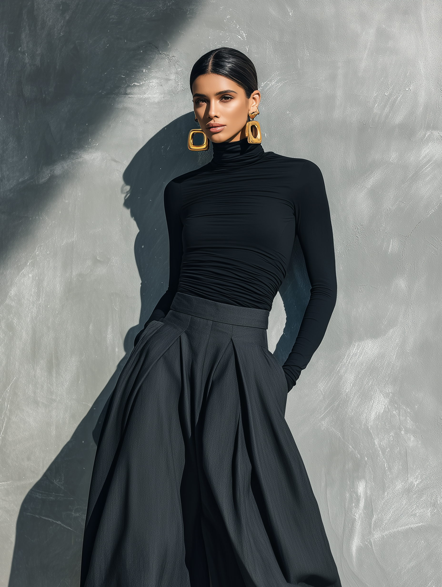 Set Casual Donna 2 Pezzi Top Nero in Maglia Stretch a Maniche Lunghe e Pantaloni Grigi Scuri a Gamba Larga MDZ2470G8LXY