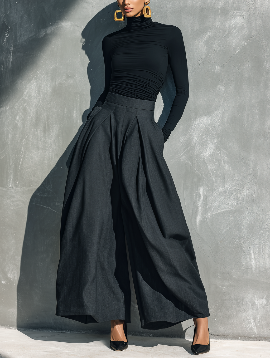 Set Casual Donna 2 Pezzi Top Nero in Maglia Stretch a Maniche Lunghe e Pantaloni Grigi Scuri a Gamba Larga MDZ2470G8LXY