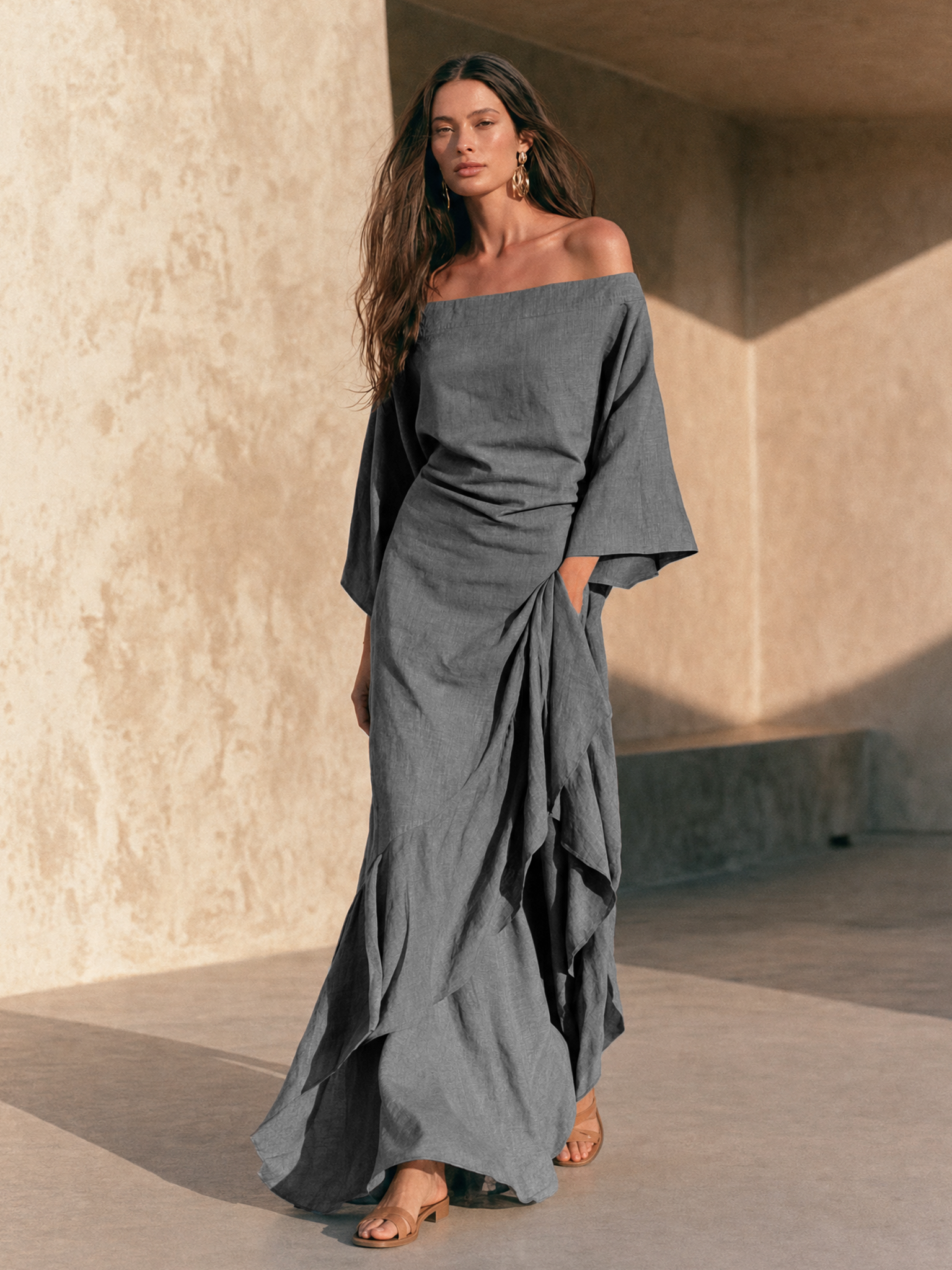 Aura | Abito Maxi Minimalista Donna Off-Shoulder Con Orlo Ruffle E Maniche Svasate