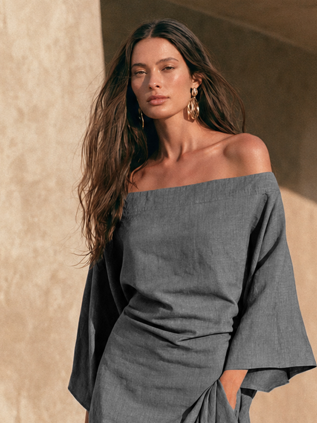 Aura | Abito Maxi Minimalista Donna Off-Shoulder Con Orlo Ruffle E Maniche Svasate