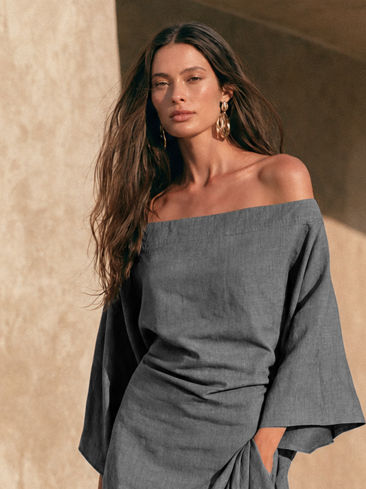 Aura | Abito Maxi Minimalista Donna Off-Shoulder Con Orlo Ruffle E Maniche Svasate