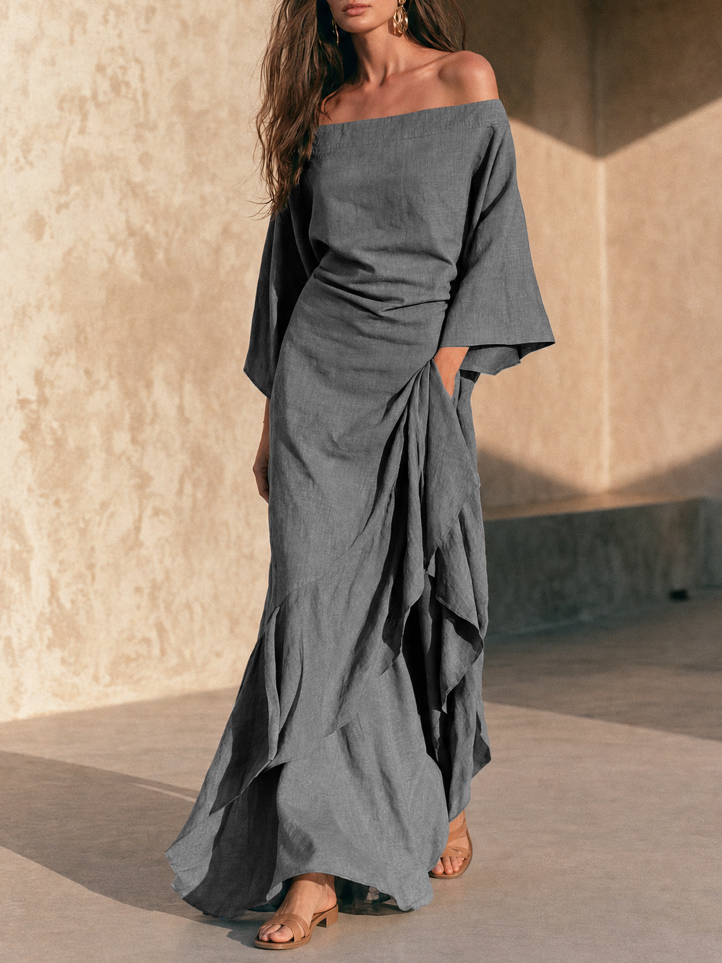 Aura | Abito Maxi Minimalista Donna Off-Shoulder Con Orlo Ruffle E Maniche Svasate