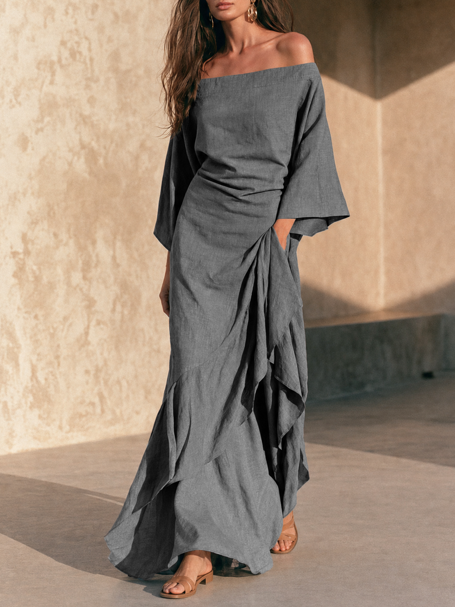 Aura | Abito Maxi Minimalista Donna Off-Shoulder Con Orlo Ruffle E Maniche Svasate