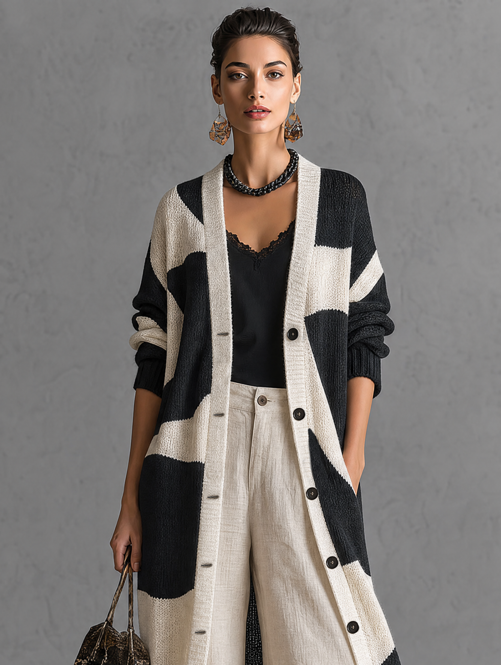 Benedetta | Cardigan Lungo in Maglia Bicolore, Nero e Crema
