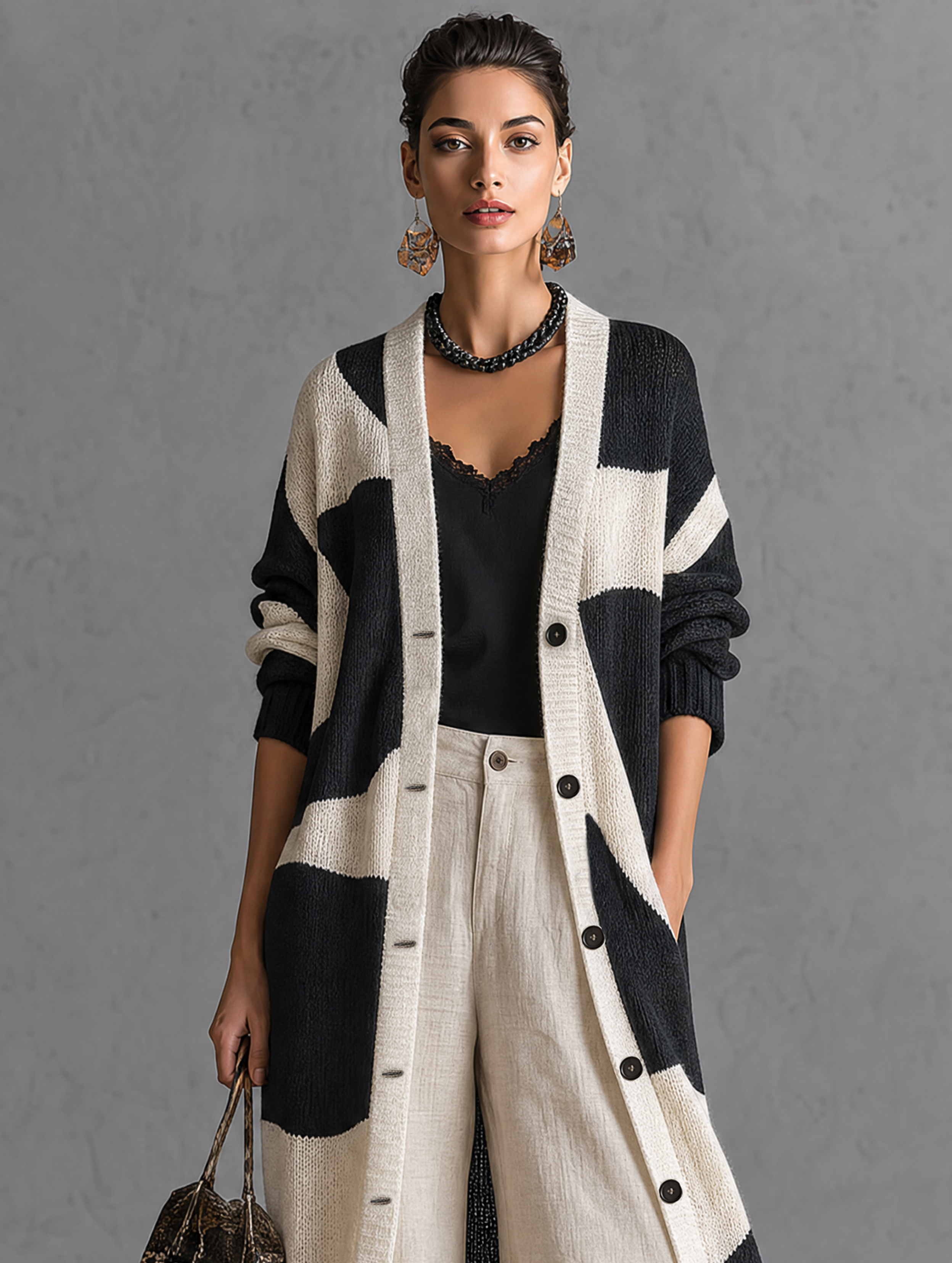 Benedetta | Cardigan Lungo in Maglia Bicolore, Nero e Crema