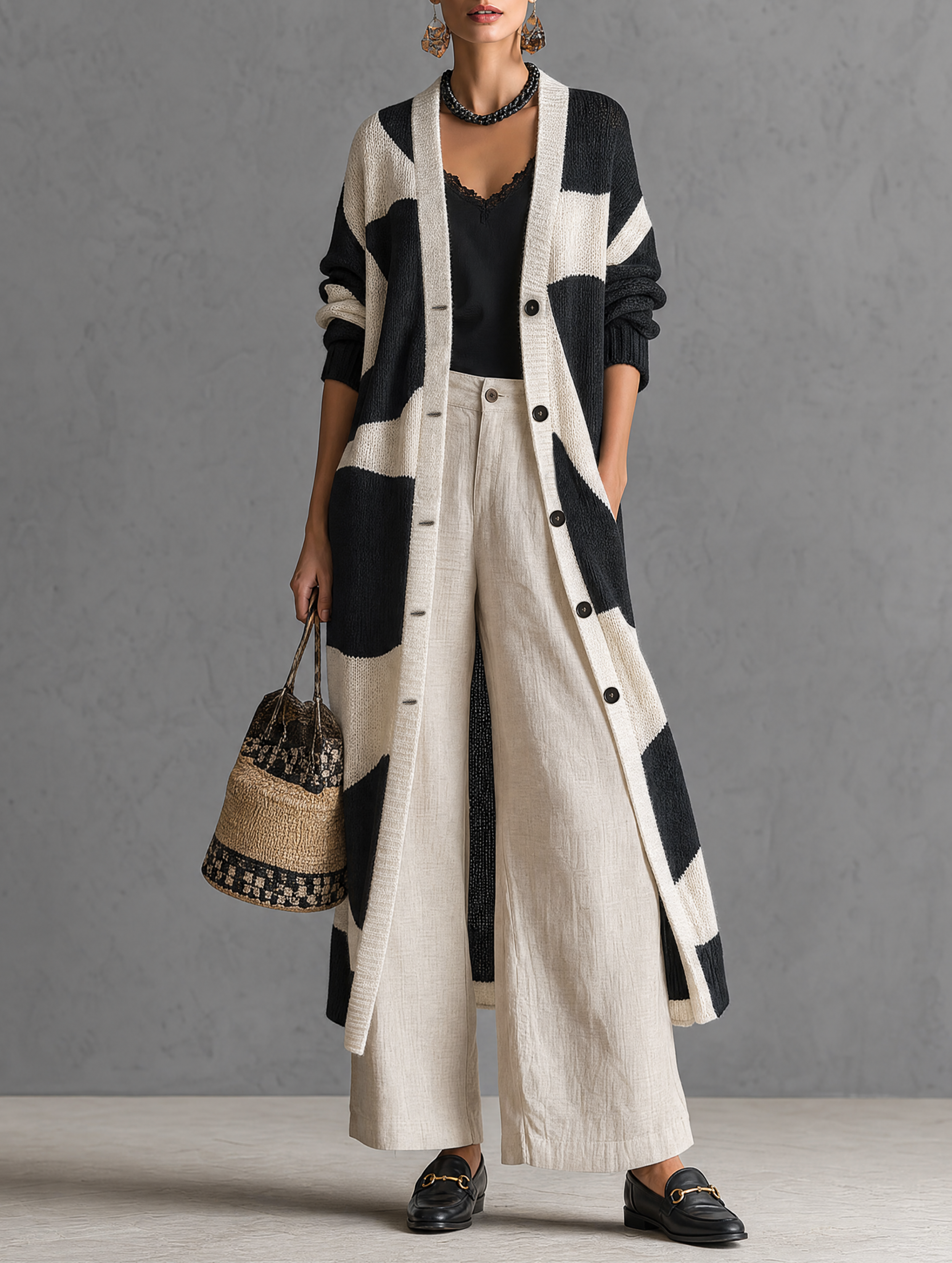 Benedetta | Cardigan Lungo in Maglia Bicolore, Nero e Crema