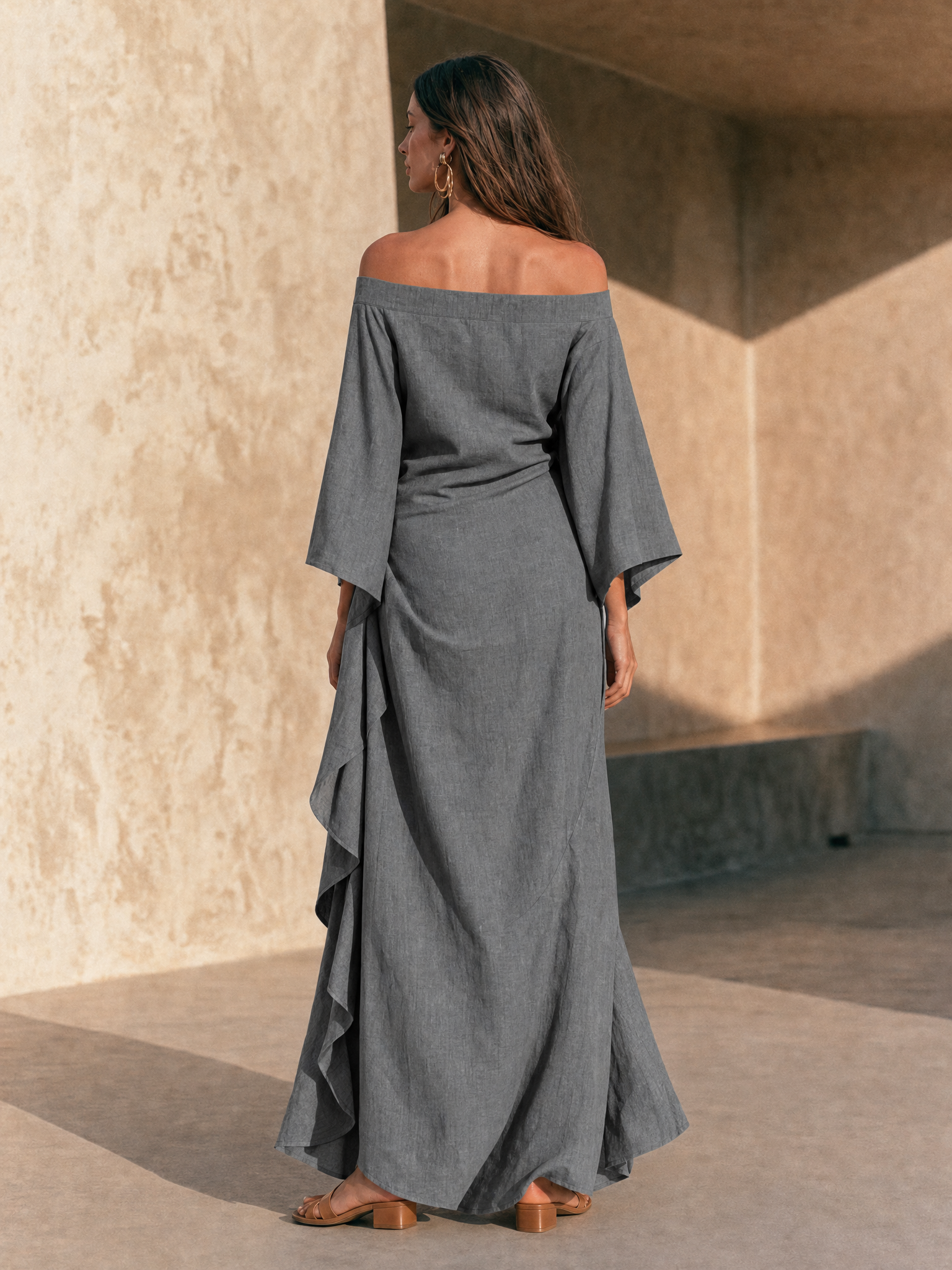 Aura | Abito Maxi Minimalista Donna Off-Shoulder Con Orlo Ruffle E Maniche Svasate