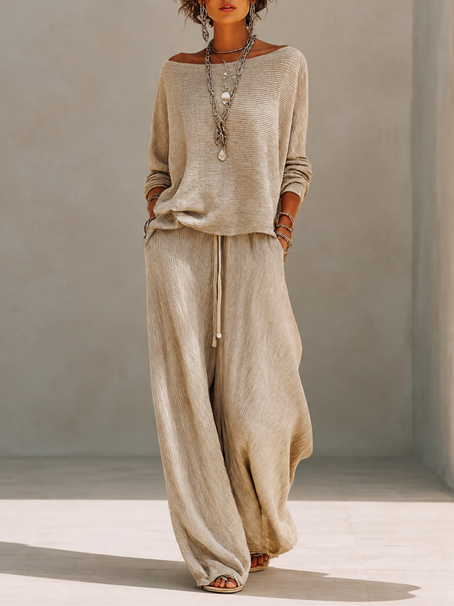 Maglione a collo barca in lana a maglia casual per donna con spalle scese e pantaloni larghi con cordoncino MDZ1810H2CMX