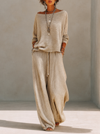 Maglione a collo barca in lana a maglia casual per donna con spalle scese e pantaloni larghi con cordoncino MDZ1810H2CMX