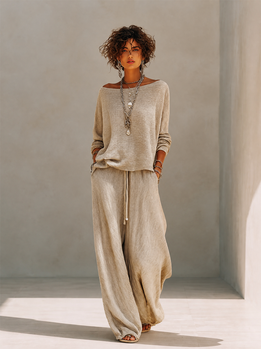 Maglione a collo barca in lana a maglia casual per donna con spalle scese e pantaloni larghi con cordoncino MDZ1810H2CMX