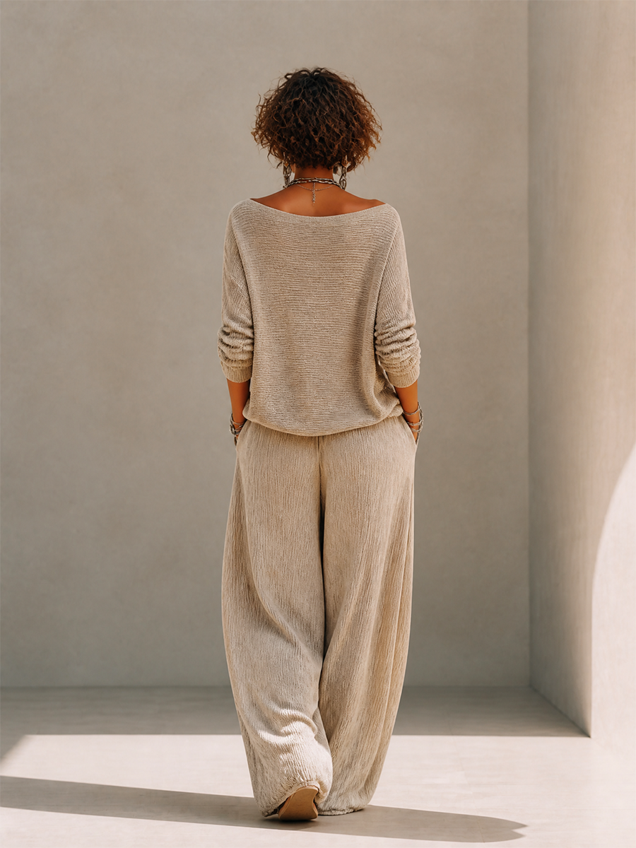 Maglione a collo barca in lana a maglia casual per donna con spalle scese e pantaloni larghi con cordoncino MDZ1810H2CMX