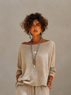Maglione a collo barca in lana a maglia casual per donna con spalle scese e pantaloni larghi con cordoncino MDZ1810H2CMX