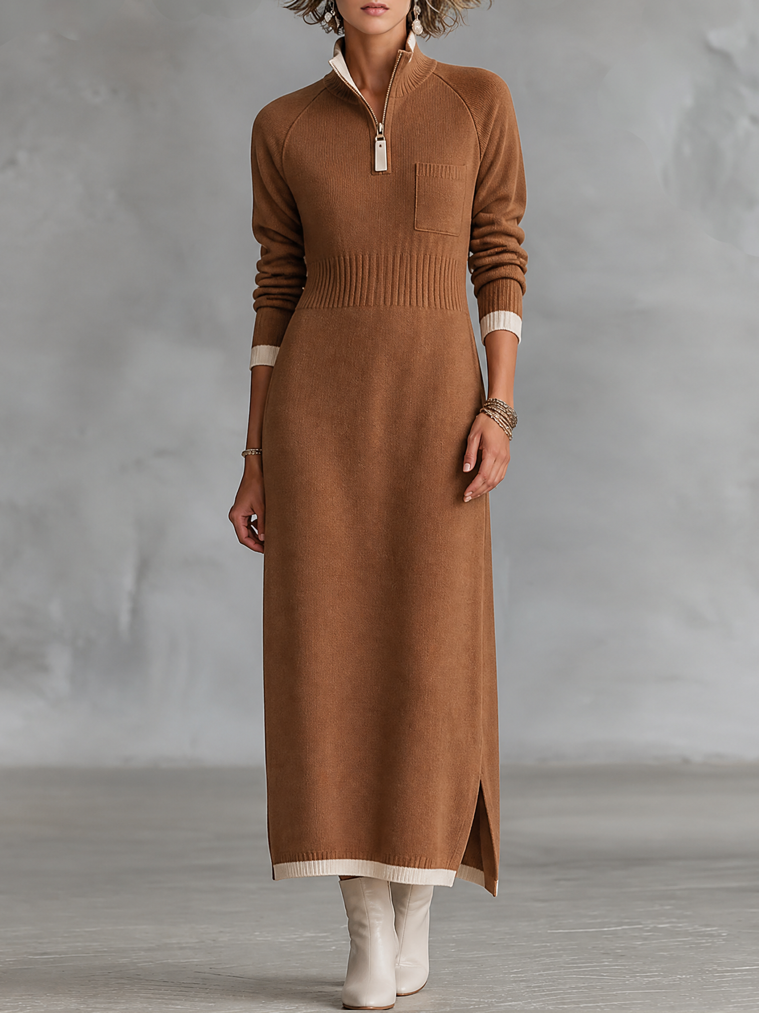 Abito Maxi Donna Retro Color-Block con Maniche Raglan, Collo Alto Zip e Finiture