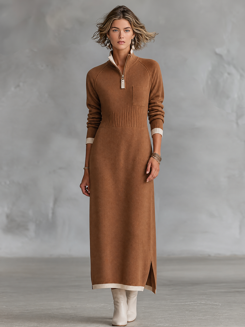 Abito Maxi Donna Retro Color-Block con Maniche Raglan, Collo Alto Zip e Finiture