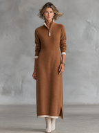 Abito Maxi Donna Retro Color-Block con Maniche Raglan, Collo Alto Zip e Finiture