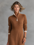 Abito Maxi Donna Retro Color-Block con Maniche Raglan, Collo Alto Zip e Finiture