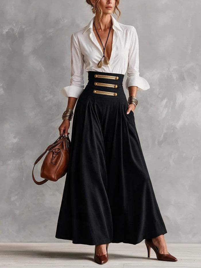 Elisandra | Camicia Bianca e Gonna a Vita Alta con Bottoni