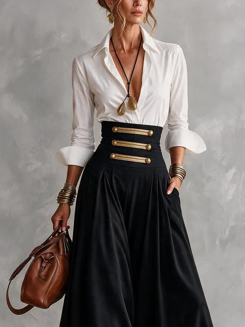 Elisandra | Camicia Bianca e Gonna a Vita Alta con Bottoni