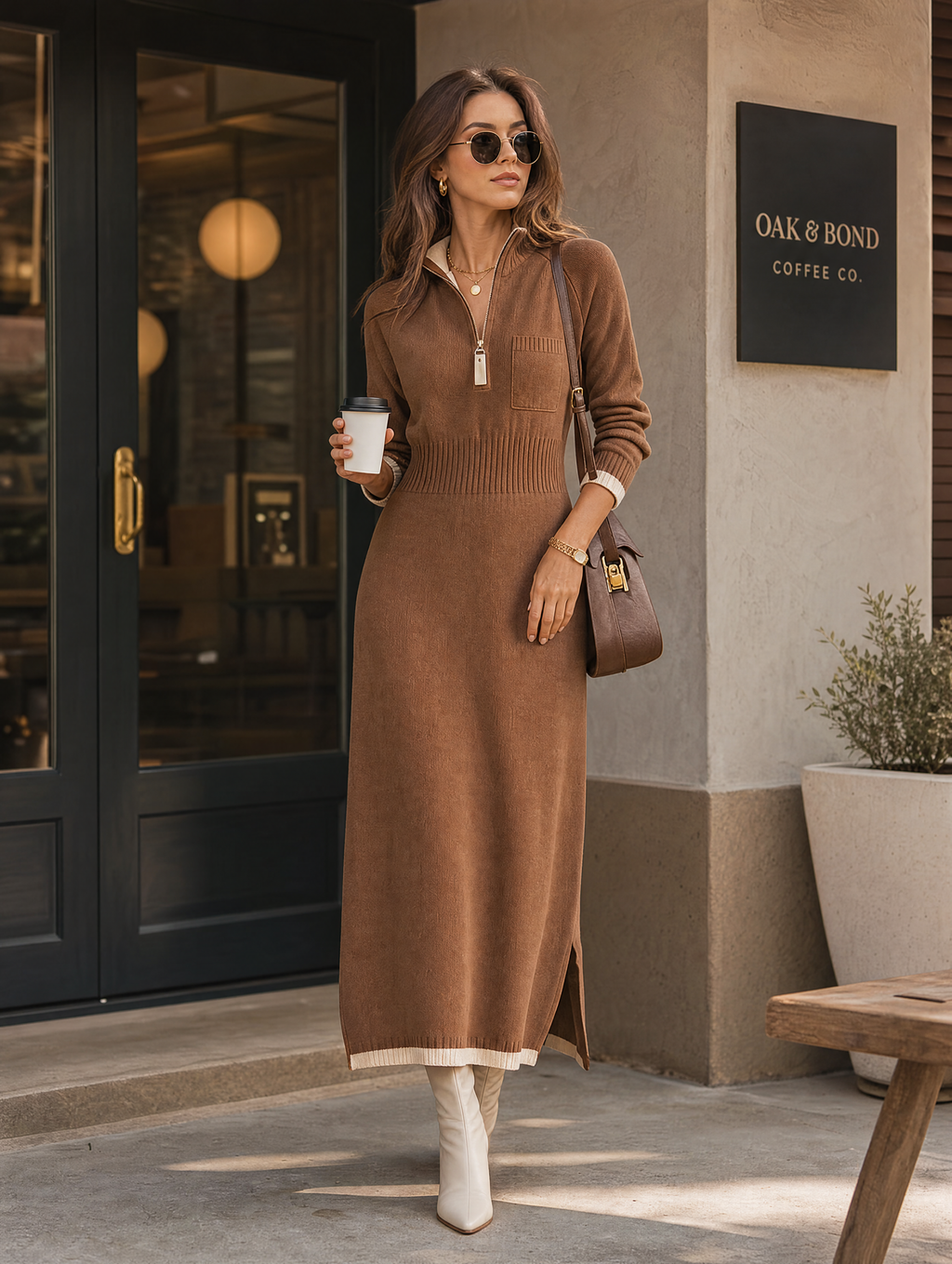 Abito Maxi Donna Retro Color-Block con Maniche Raglan, Collo Alto Zip e Finiture