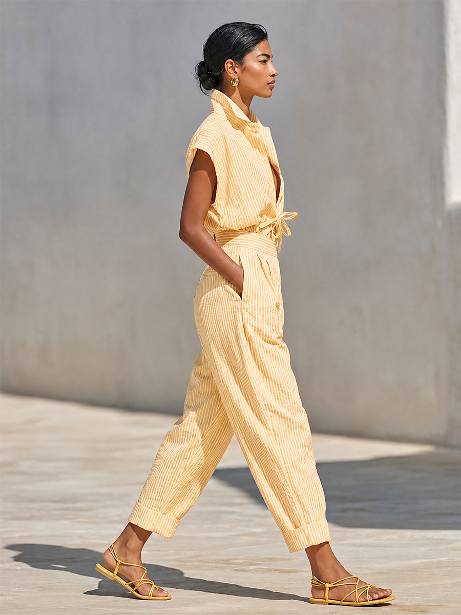 Co-Ord Donna a Righe Verticali Texturizzate Giallo Limone con Blusa a Bottone Frontale e Pantaloni Tapered con Tasche Laterali, Outfit Casual da Spiaggia Elegante MDZ2203F4LYL