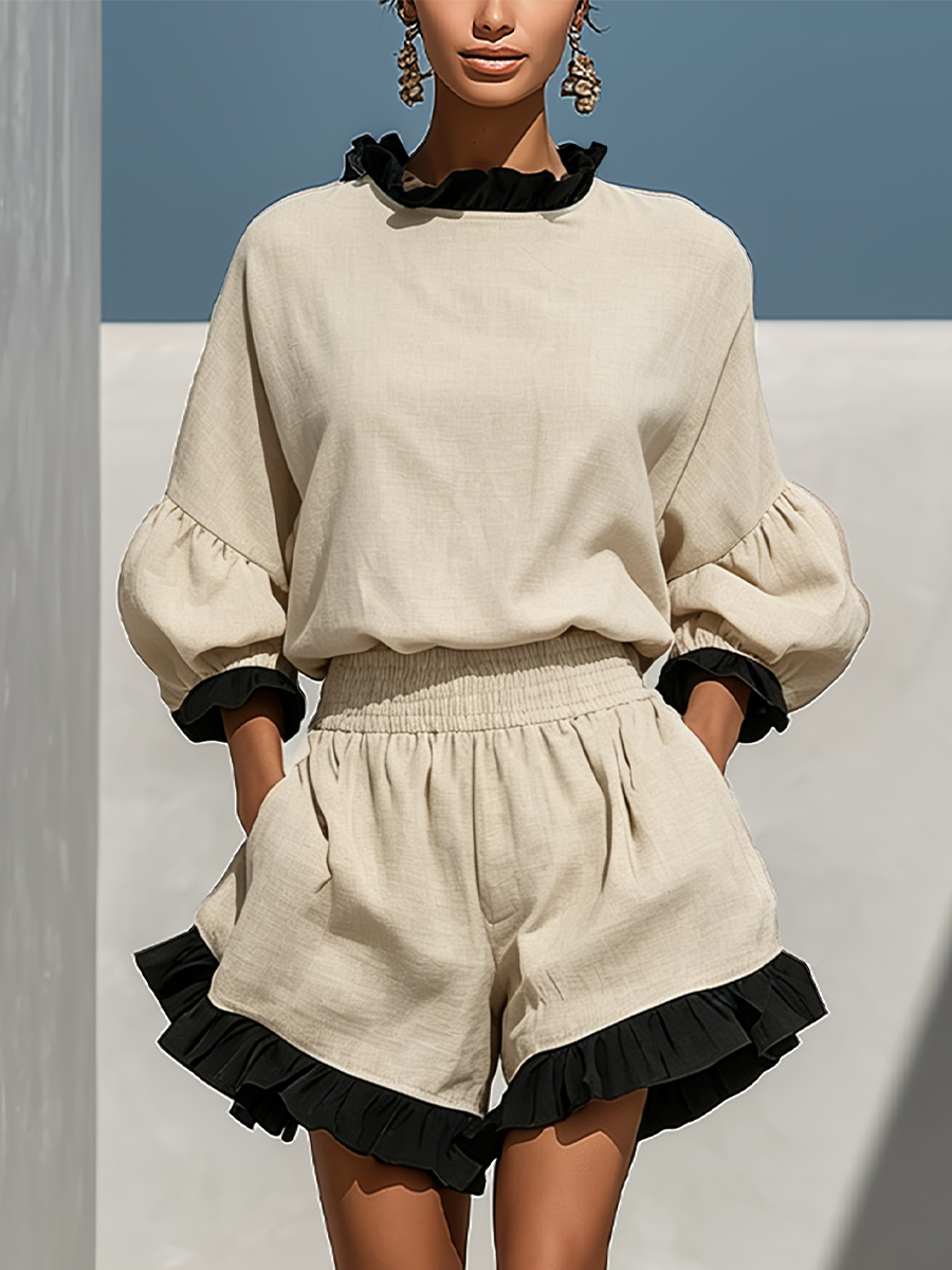 Blusa a maniche lunghe in misto lino beige con volant a contrasto e pantaloni corti a vita alta con orlo a volant - Set di due pezzi MDZ1018D0T