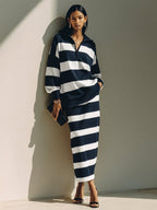 Set di due pezzi: Top in misto cotone a righe con blocchi di colore e gonna midi con zip a metà MDZ2903G5ZRK