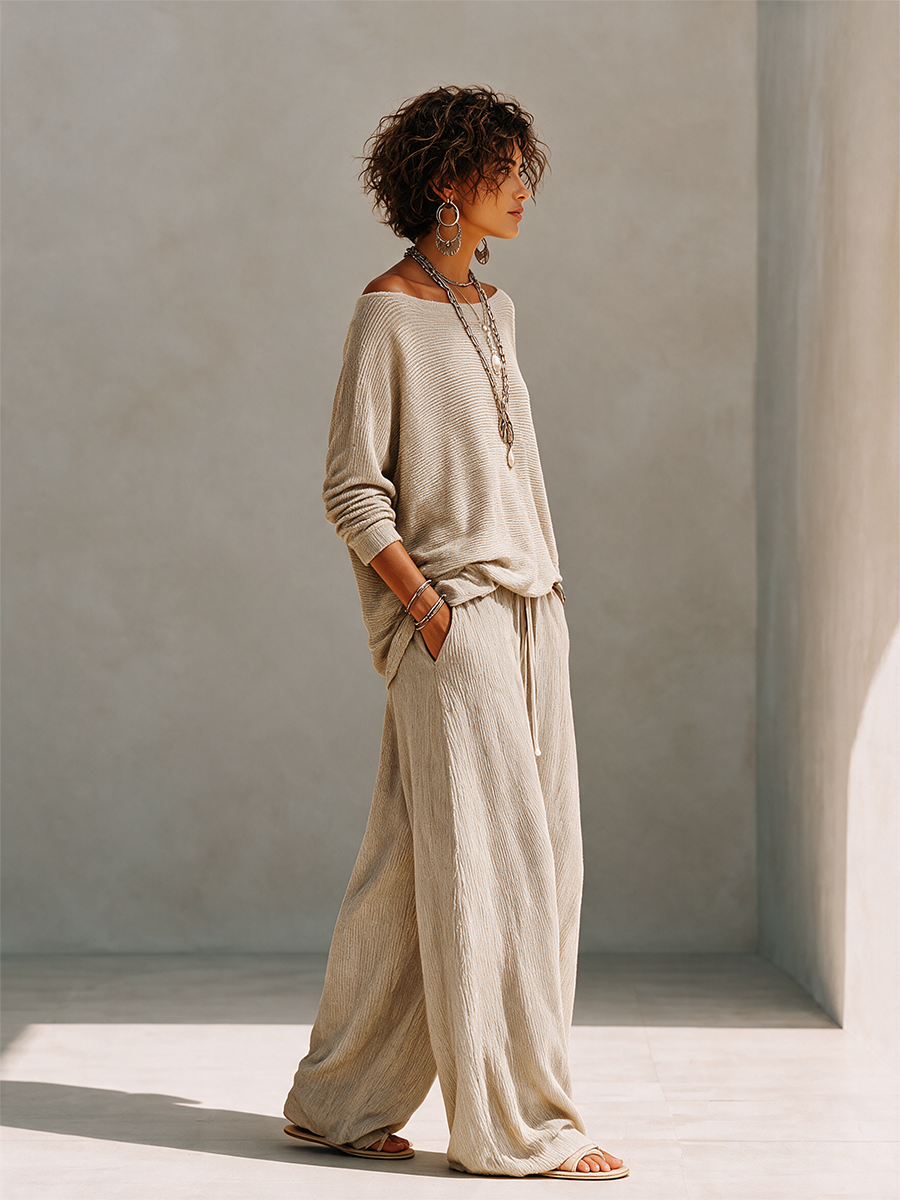 Maglione a collo barca in lana a maglia casual per donna con spalle scese e pantaloni larghi con cordoncino MDZ1810H2CMX