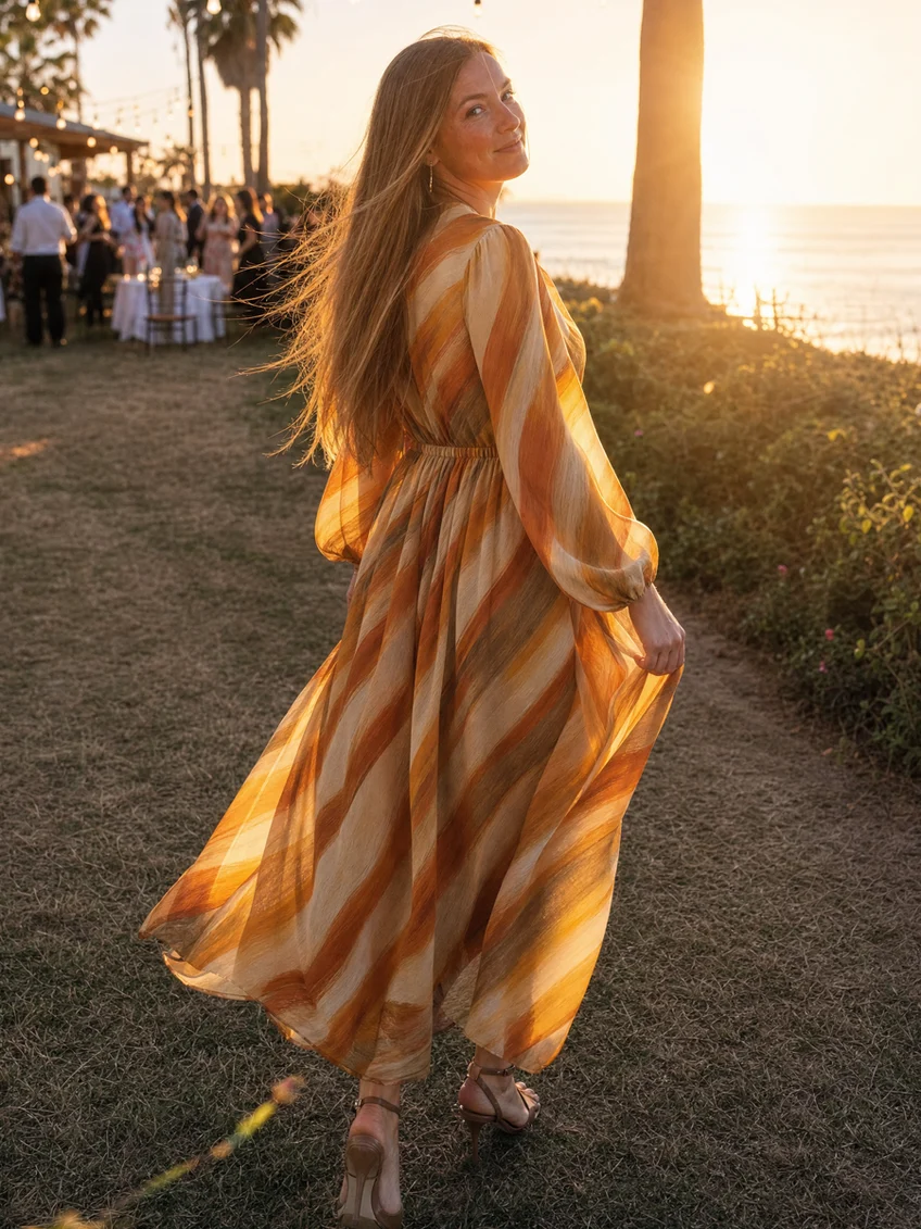 Monse | Abito Midi Elegante con Stampa Astratta e Maniche Lunghe con Vita Elastico