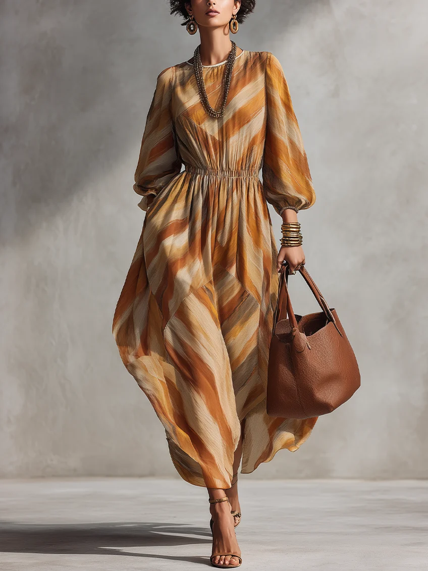 Monse | Abito Midi Elegante con Stampa Astratta e Maniche Lunghe con Vita Elastico
