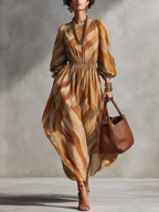 Monse | Abito Midi Elegante con Stampa Astratta e Maniche Lunghe con Vita Elastico