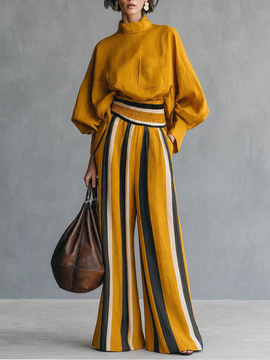 Voincenza | Set di Due Pezzi: Top Giallo Senape e Pantaloni a Righe a Gamba Larga