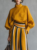 Voincenza | Set di Due Pezzi: Top Giallo Senape e Pantaloni a Righe a Gamba Larga